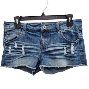 Blue Asphalt Junior's Y2K Medium Wash Heavy Distressed Denim Shorty Short Size 7